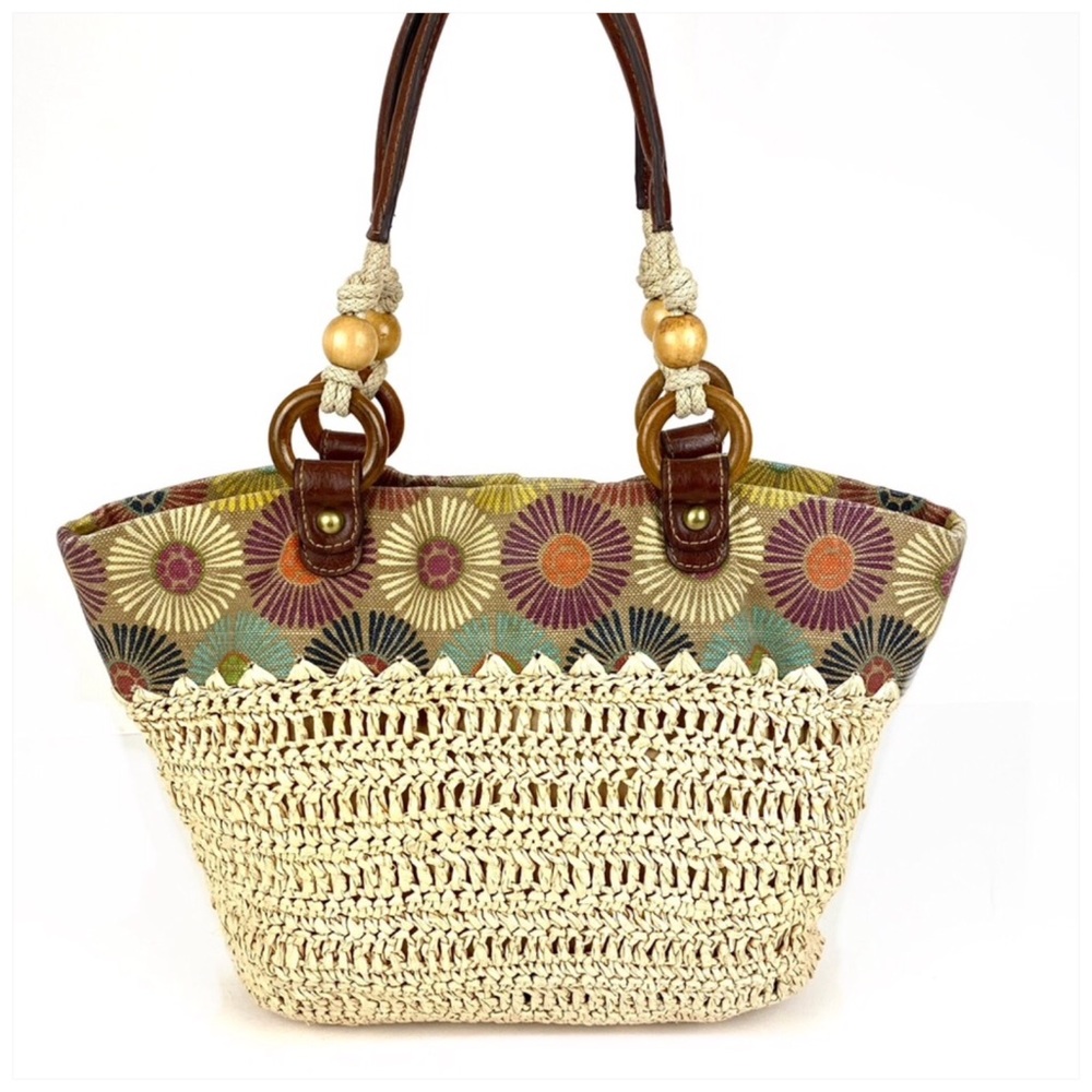 Fossil Multicolor Floral Top Woven Straw Tote with Brown Handles